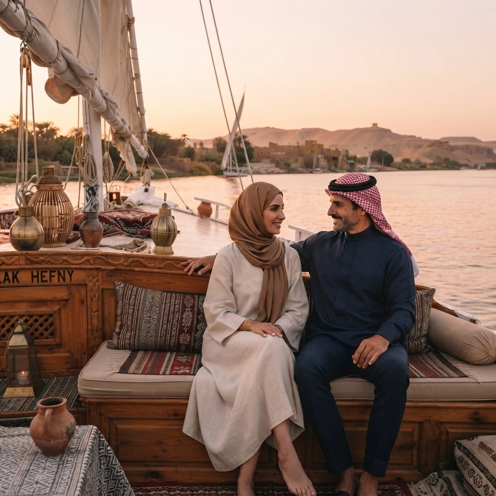 A couple enjoying a private felucca cruise on the Nile at sunset
