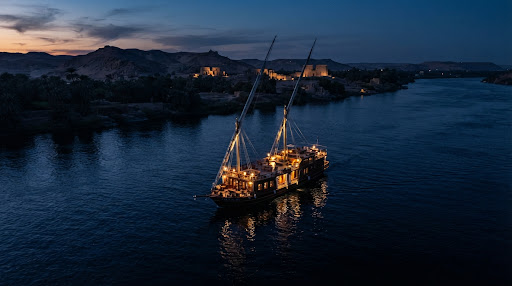 Nile boats beneath a dramatic evening sky