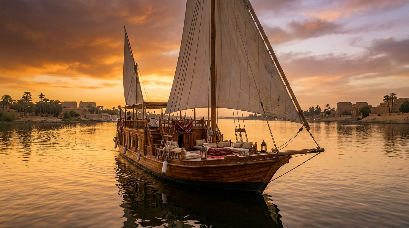 The dahabiya Nefertari under full sail at golden hour